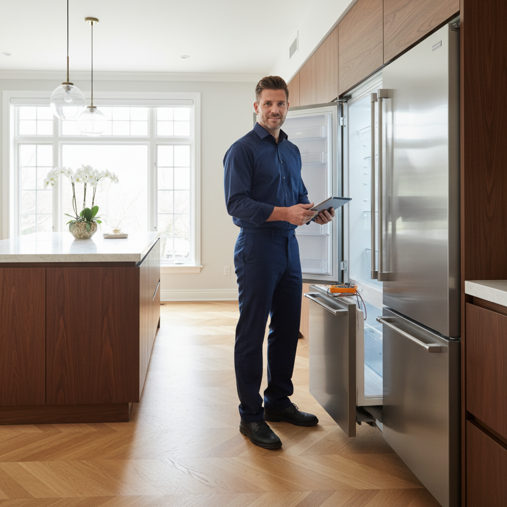 Professional appliance repair technician inspecting a built-in refrigerator